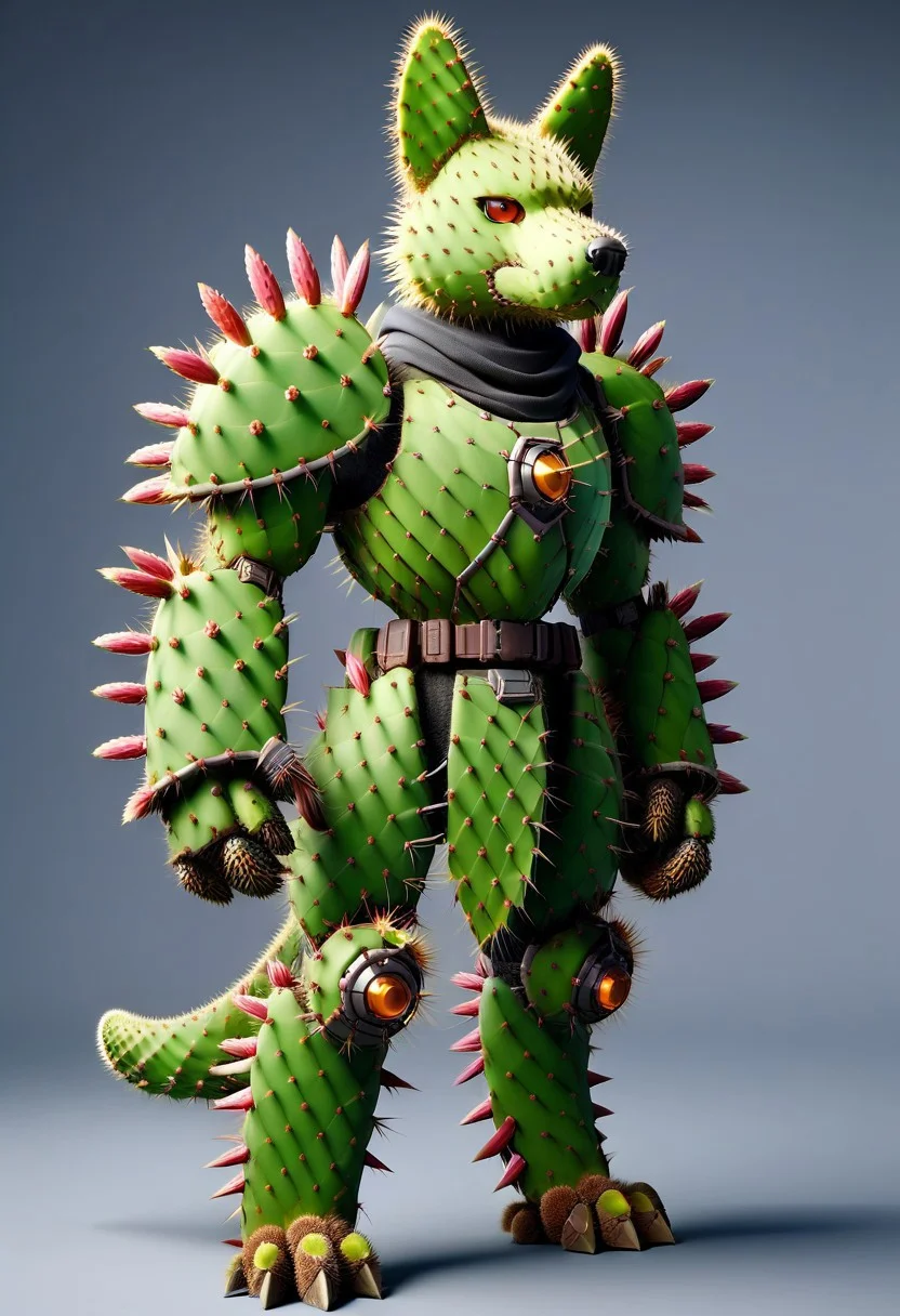 score_9, score_8_up, score_7_up, cs-l3ath3r, NCRender,
Hidegarurumon is a fierce, wolf-like Digimon covered in rugged, dark brown Prickly Cactus armor. Its fur is sparse and resembles a patchwork of aged, Prickly Cactus pieces that provide both flexibility and durability. The armor on its body is reinforced with Prickly Cactus straps and buckles, designed to offer both protection and mobility. Its glowing yellow eyes shine through a mask-like Prickly Cactus faceplate, and sharp Prickly Cactus claws extend from its paws, capable of tearing through most materials. A large, jagged Prickly Cactus tail swishes behind it, hardened to serve as both a weapon and a tool for balance in combat. NCRender