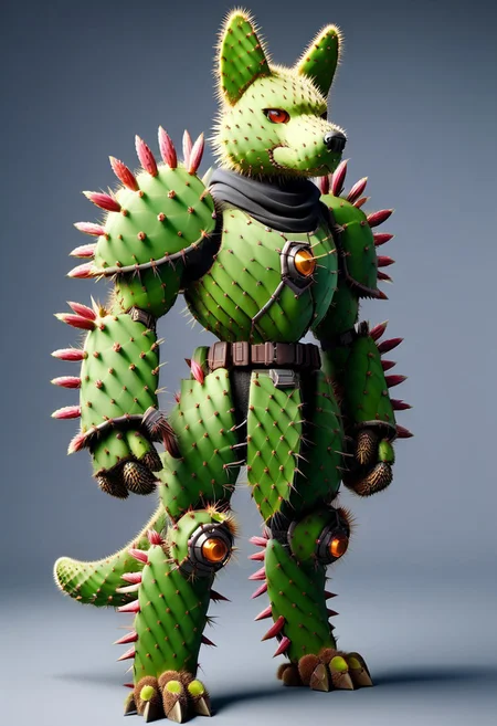 score_9, score_8_up, score_7_up, cs-l3ath3r, NCRender,
Hidegarurumon is a fierce, wolf-like Digimon covered in rugged, dark brown Prickly Cactus armor. Its fur is sparse and resembles a patchwork of aged, Prickly Cactus pieces that provide both flexibility and durability. The armor on its body is reinforced with Prickly Cactus straps and buckles, designed to offer both protection and mobility. Its glowing yellow eyes shine through a mask-like Prickly Cactus faceplate, and sharp Prickly Cactus claws extend from its paws, capable of tearing through most materials. A large, jagged Prickly Cactus tail swishes behind it, hardened to serve as both a weapon and a tool for balance in combat. NCRender