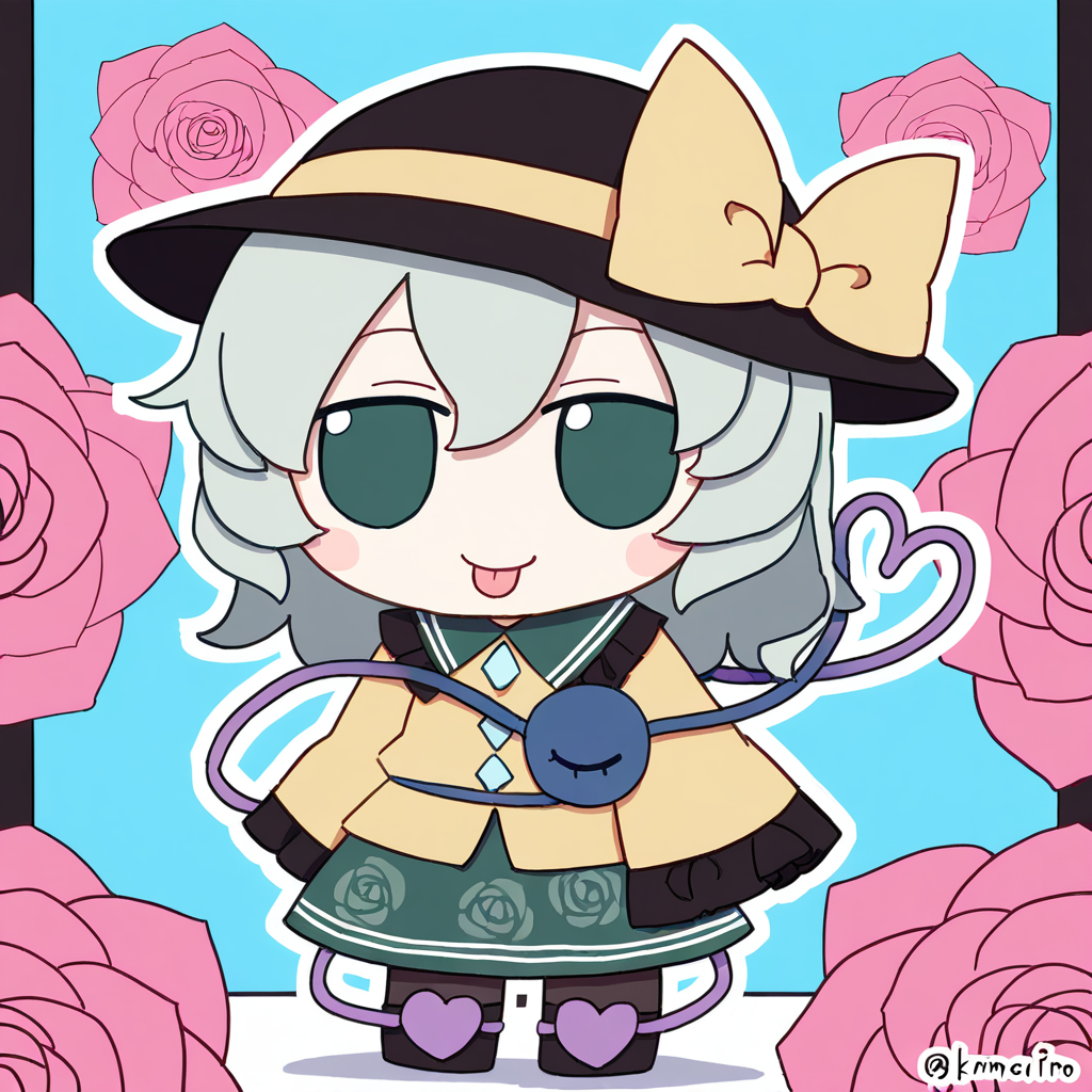 chibi,fumo,
1girl,solo,looking at viewer,blush,smile,bangs,skirt,shirt,long sleeves,hat,bow,ribbon,hair between eyes,green eyes,standing,full body,grey hair,heart,pantyhose,boots,frills,green hair,tongue,collared shirt,tongue out,wide sleeves,medium hair,chibi,twitter username,black footwear,black pantyhose,black headwear,buttons,blue background,wavy hair,floral print,hat ribbon,frilled sleeves,blouse,green skirt,hat bow,third eye,yellow bow,frilled shirt collar,yellow shirt,yellow ribbon,eyeball,heart of string,rose print,diamond button,komeiji koishi,
<lora:fumo_noob1:1>,