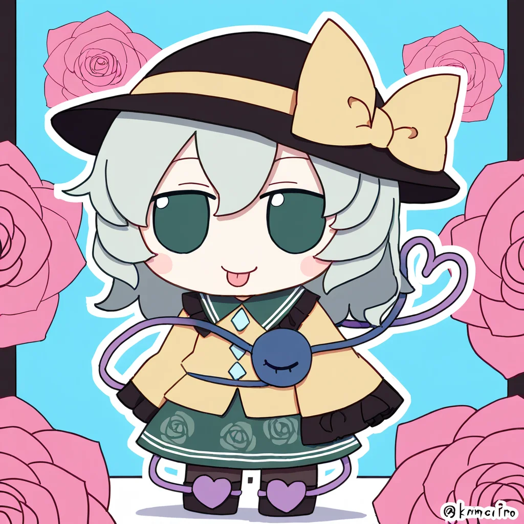 chibi,fumo,
1girl,solo,looking at viewer,blush,smile,bangs,skirt,shirt,long sleeves,hat,bow,ribbon,hair between eyes,green eyes,standing,full body,grey hair,heart,pantyhose,boots,frills,green hair,tongue,collared shirt,tongue out,wide sleeves,medium hair,chibi,twitter username,black footwear,black pantyhose,black headwear,buttons,blue background,wavy hair,floral print,hat ribbon,frilled sleeves,blouse,green skirt,hat bow,third eye,yellow bow,frilled shirt collar,yellow shirt,yellow ribbon,eyeball,heart of string,rose print,diamond button,komeiji koishi,
<lora:fumo_noob1:1>,
