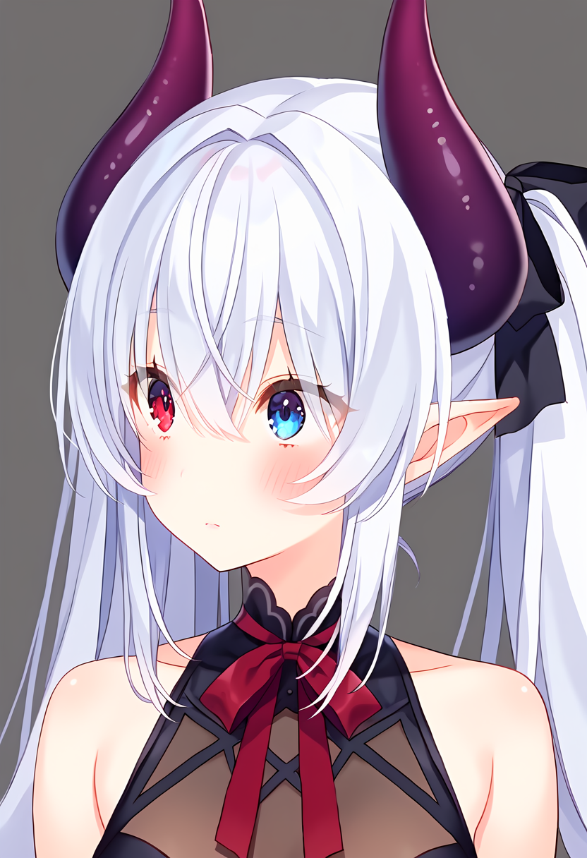 masterpiece, best quality, absurdres, rejection_reaction, 1girl, solo, long hair, blush, blue eyes, simple background, red eyes, bow, ribbon, hair between eyes, bare shoulders, twintails, closed mouth, white hair, hair bow, grey hair, horns, pointy ears, grey background, red ribbon, black bow, heterochromia, looking away, demon girl, eyes visible through hair, demon horns,  <lora:rejection_reaction_meme-10-Noob:1>