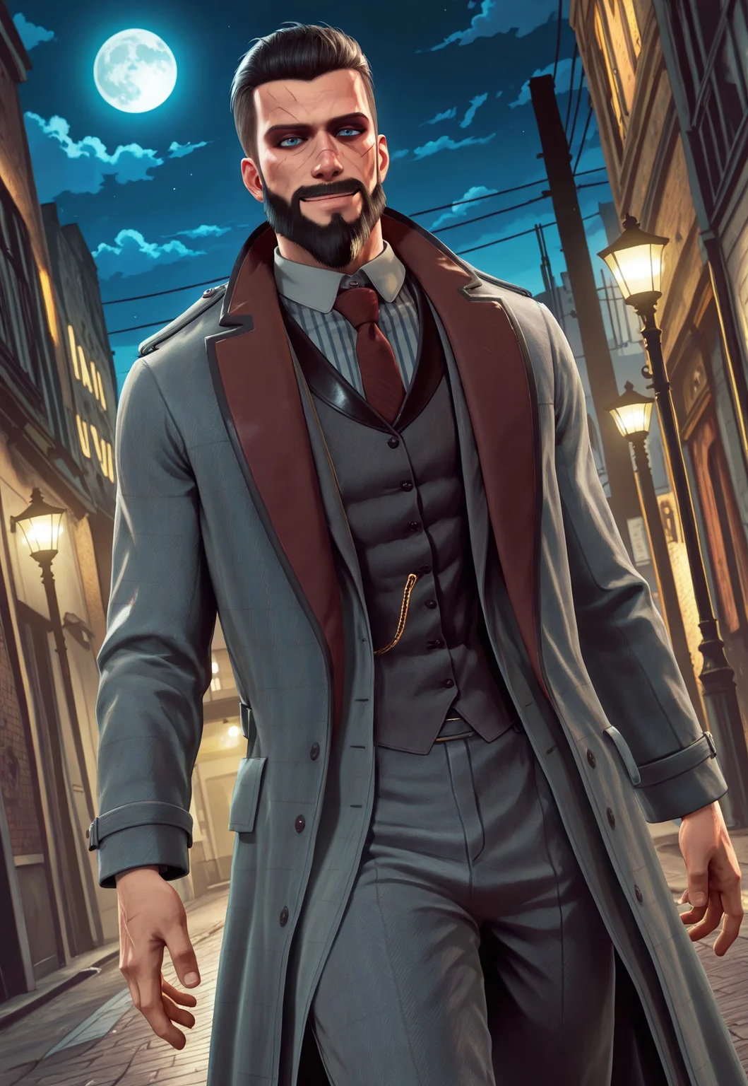 JonathanReid, 1boy, realistic, blue eyes, scar, grey coat, vest, striped white shirt, short hair, facial hair, beard, necktie, grey pants, 90's old city alley, street lamp, clouds, bloom, night, moon, upper body, cowboy shot, looking at viewer, smile, dynamic pose, dutch angle, walking down, gust of wind,
