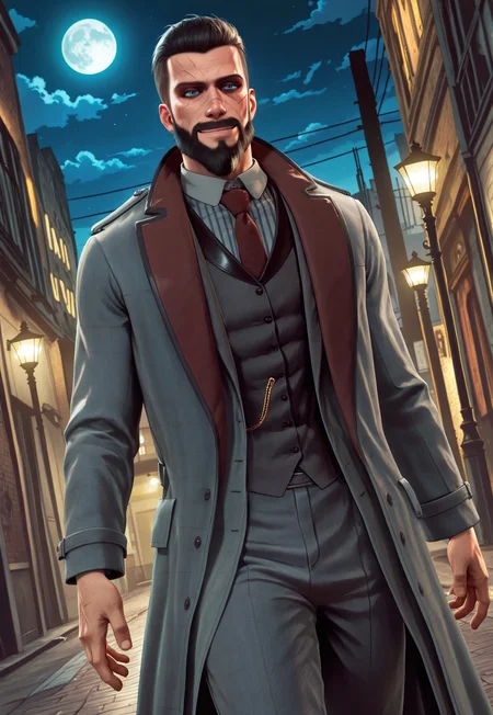 JonathanReid, 1boy, realistic, blue eyes, scar, grey coat, vest, striped white shirt, short hair, facial hair, beard, necktie, grey pants, 90's old city alley, street lamp, clouds, bloom, night, moon, upper body, cowboy shot, looking at viewer, smile, dynamic pose, dutch angle, walking down, gust of wind, 