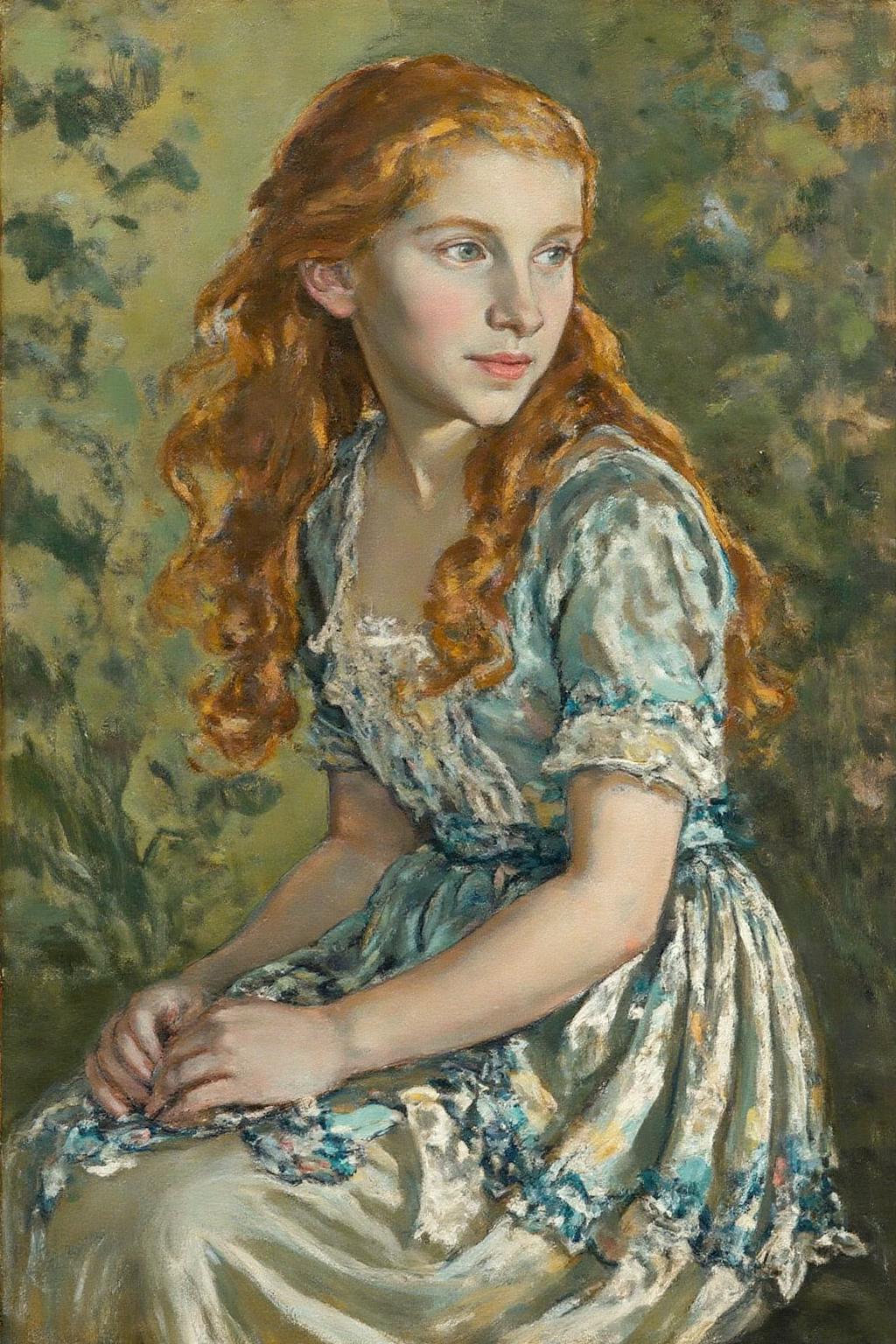 ethelleontinegabain1 painting.
pierreaugusterenoir1. Closeup portrait of a seated young girl, shown in side profile. She has long, flowing red hair, is wearing a light blue dress adorned with lace and floral patterns. She is seated in a garden or natural setting with lush green background and is looking slightly to her left.  <lora:ethelleontinegabain1_cap_d8a4:1.0><lora:862157587645259038:0>