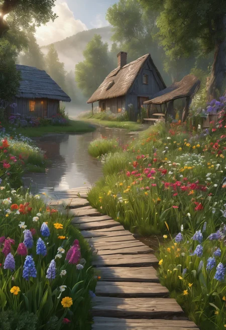 8k, breathtaking, close up to rough footpath in the village, flower garden, detailed wood cracks, realistic, detailed mud, cloudy weather, morning lake mist, wet grass, sun rays, masterpiece, award-winning, professional, highly detailed, mist, style-nebmagic