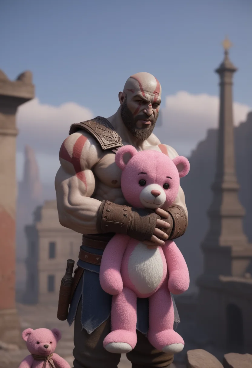 nsfw,add-detail,god of war,standing,hugging a pink teddy bear,against the backdrop of the (ruined city:1.1),
unreal engine,
style of Artgerm,
finely detail,ultra-detailed,highres,<lora:add-detail-xl:2>,<lora:openjourneyLora:0.5>,<lora:JuggerCineXL2:0.6>,<lora:nsfw-xl-2.1:0.5>,