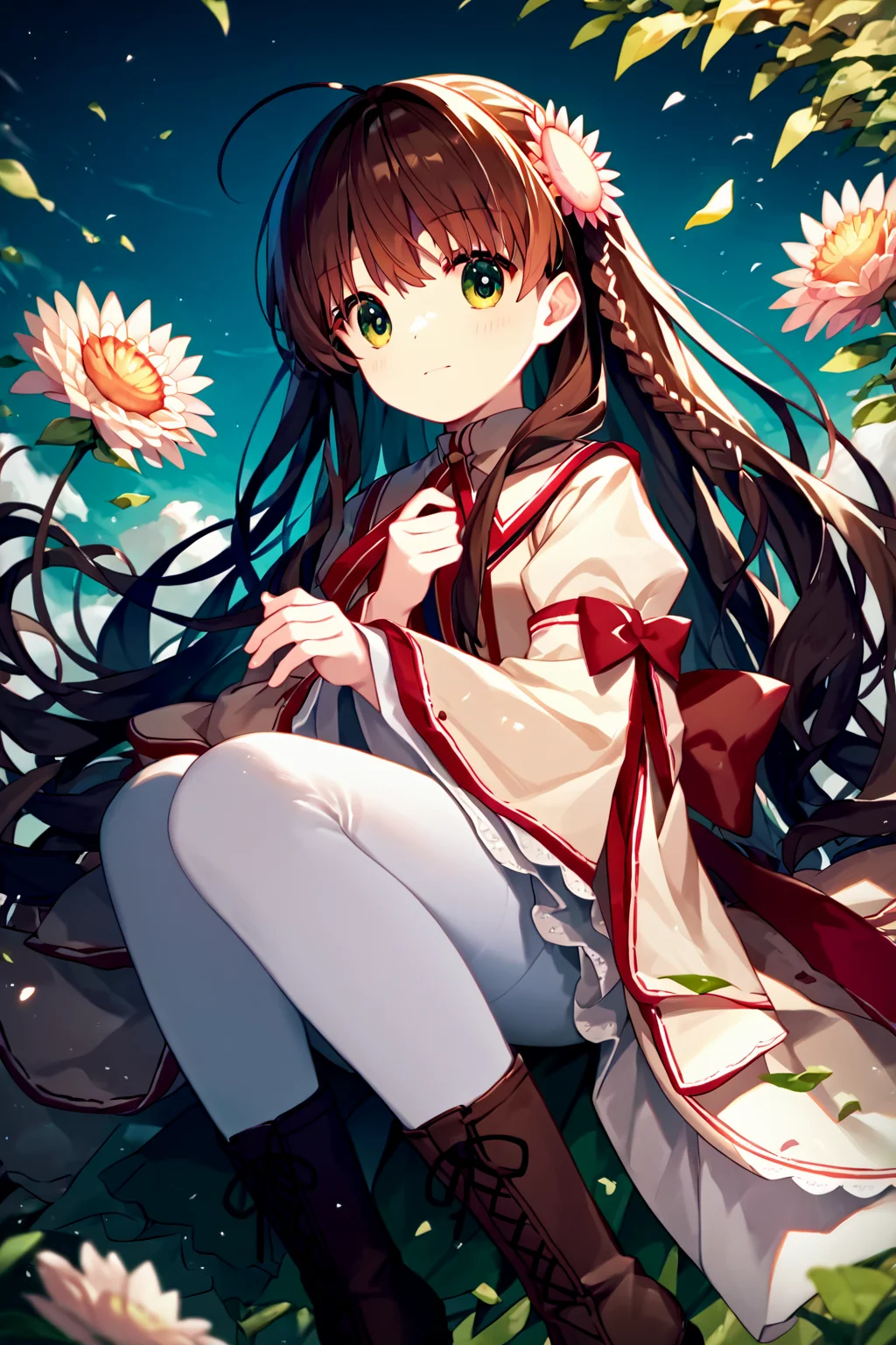 score_9, score_8_up, score_7_up, score_6_up, rating_safe, source_anime, best quality, masterpiece, detailed eyes, detailed background, outdoors, <lora:kanbe-kotori-xl-05:1>, kanbe kotori, rewrite uniform, white leggings, brown boots, ahoge, flower hairpins, green eyes,