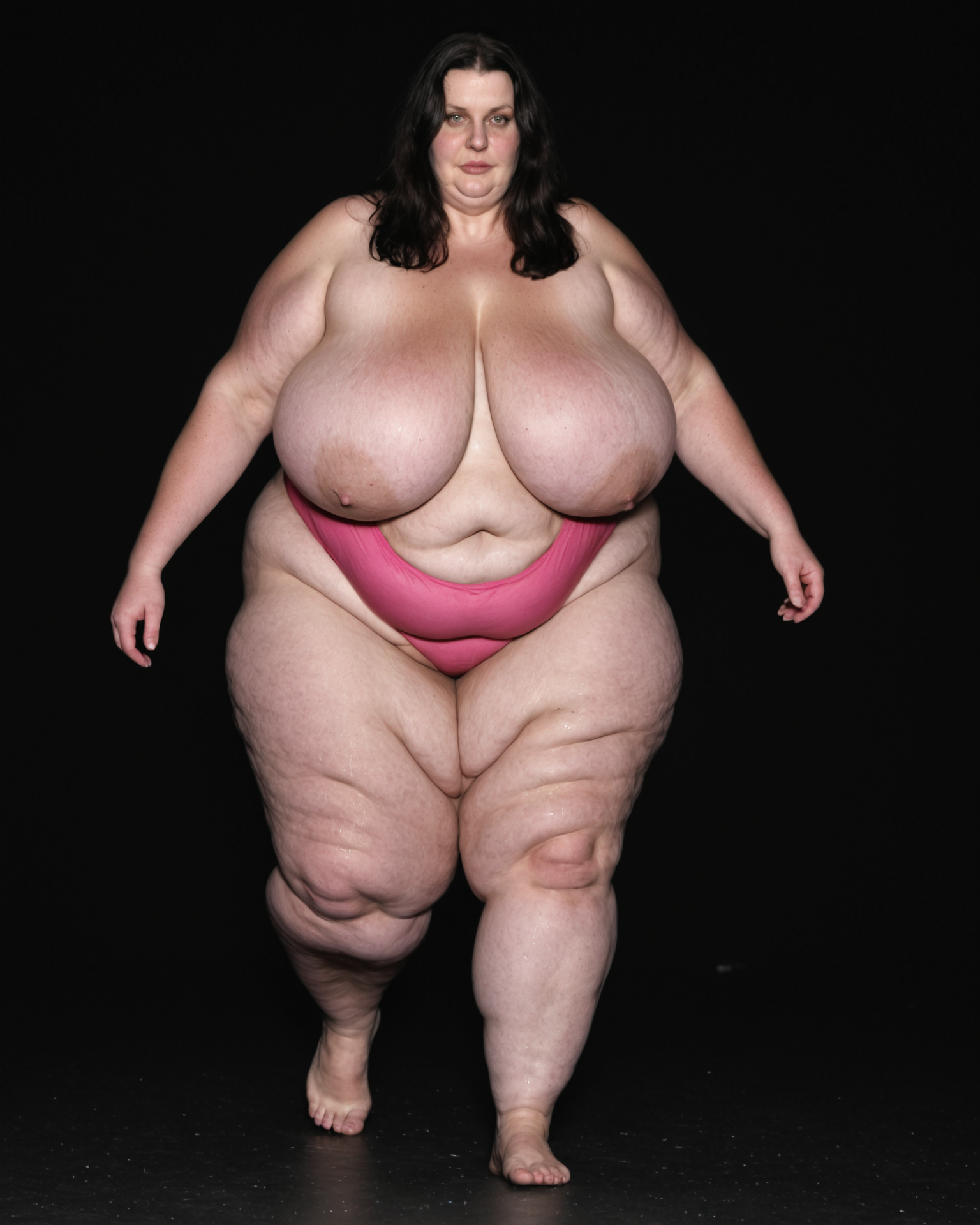 anna, beautiful face, dark hair, wide hips, hair over face, (sagging breasts), huge breasts, fat, ssbbw,
cellulite, skindentation, wrinkles, stretch marks,
pink thong, (walking, catwalk),
low light, black background,
standing, (from front),
<lora:SSBBW_SDXL:0.75>