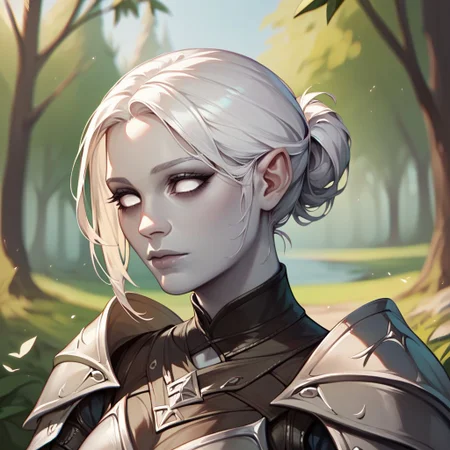 (((beautiful, high quality))), upper body, score_9, score_8_up, score_7_up, solo,
Changeling, gray skin, white eyes, white hair, dark eyelids, 1girl, Armor,
Outdoor, fantasy background, nature, blurred background,