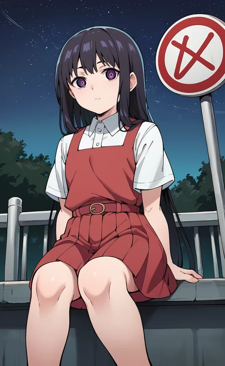 source_anime, zPDXL2, 1girl BREAK
 <lora:oto_adashino:1>, oto_wz, black hair, very long hair, purple eyes, ringed eyes, school uniform, red skirt, white shirt, collared shirt, short sleeves, red pinafore dress, belt, cowboy shot, sitting, railing, starry sky, night, road sign, !, looking at viewer,