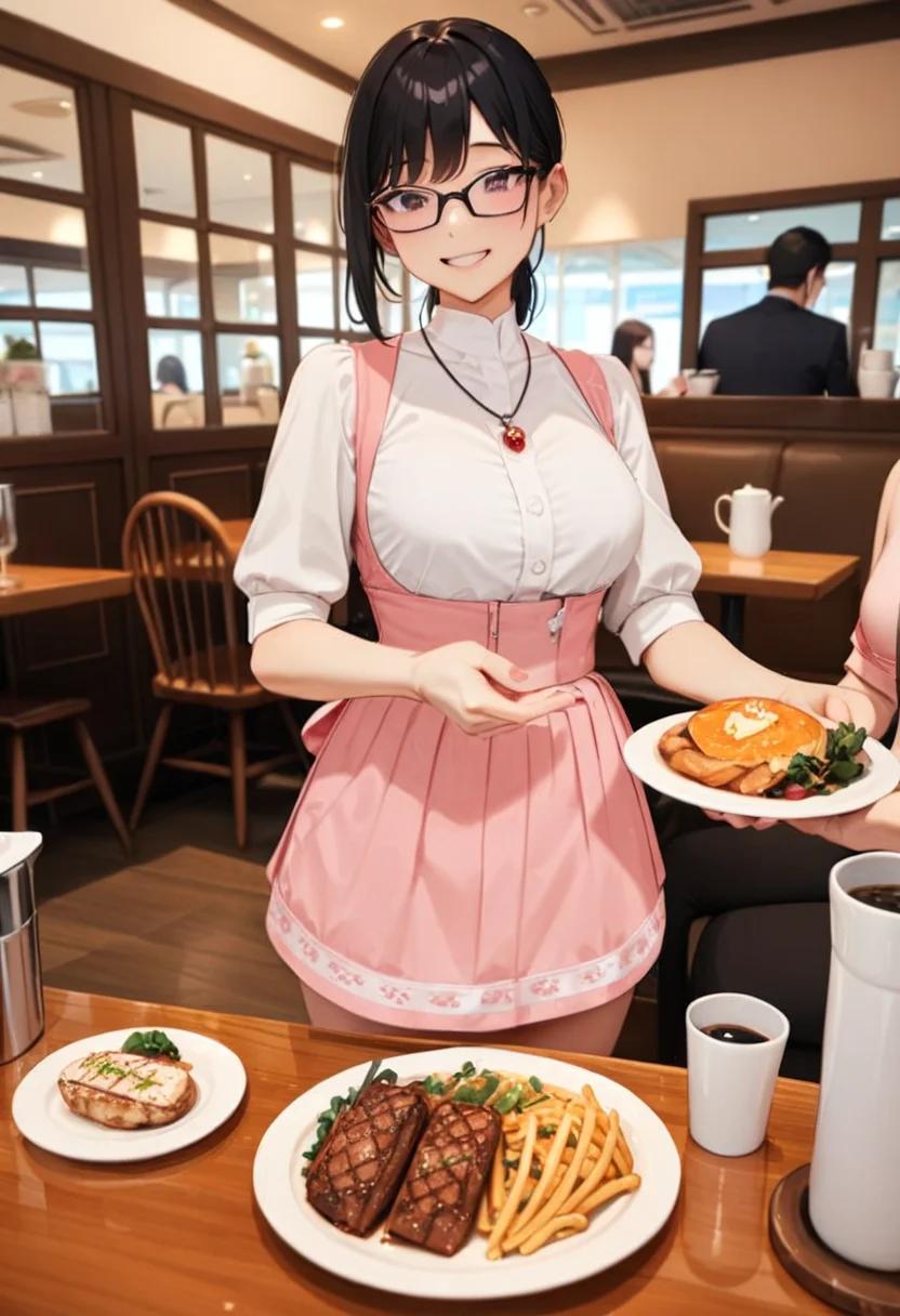 masterpiece, best quality, very aesthetic, absurdres,
AMTS, AMSC, unifrom, waitress, 1girl, glasses, jewelry, necklace, black hair, smile, pink skirt, pink apron,
indoors, cup, plate, multiple girls, table,
<lora:AMSC_SDXL_V3:0.6>