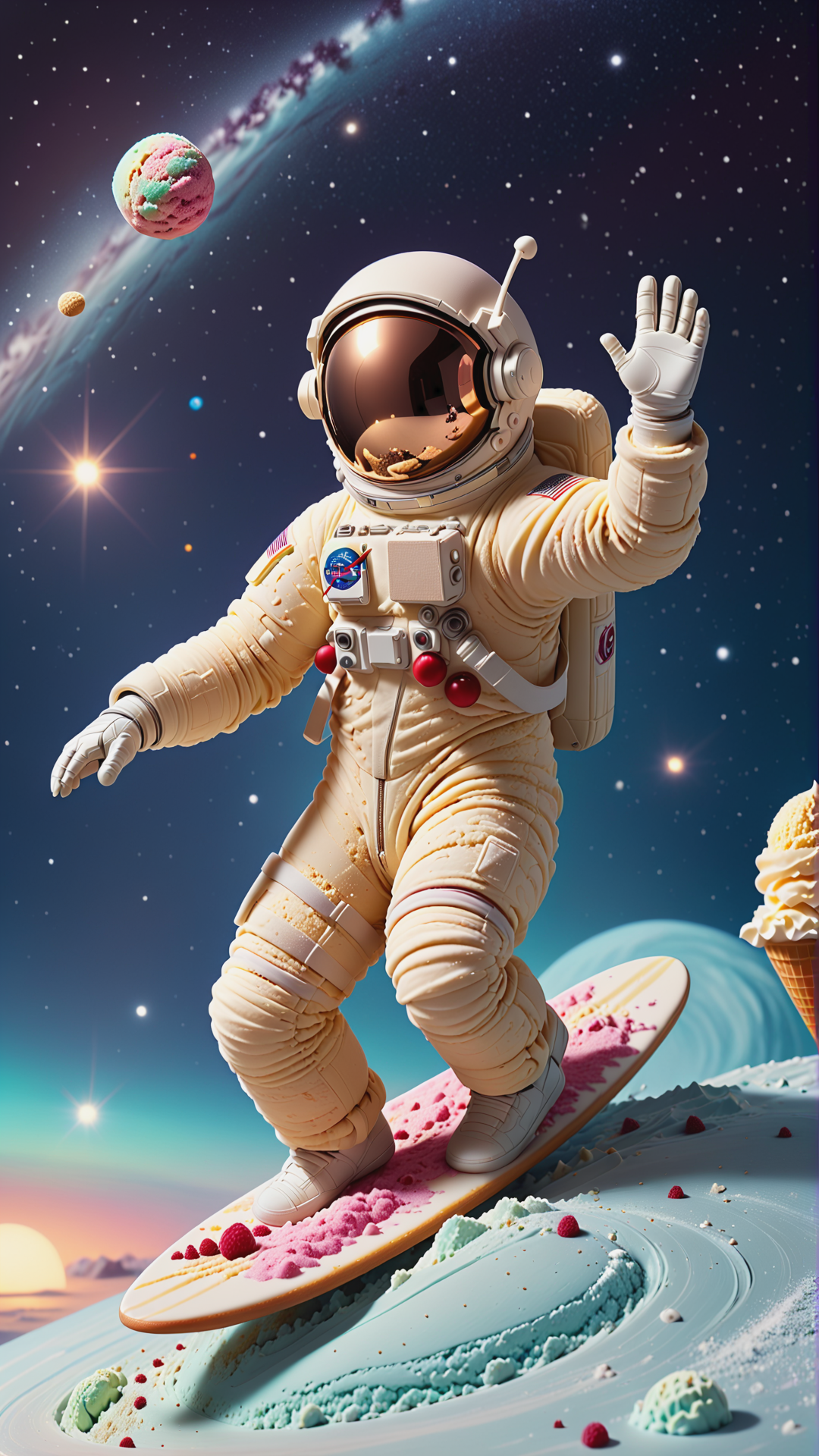 <lora:Gelato_Style_XL:1>GelatoStyle an astronaut surfing on a comet streaking through the cosmos, made from gelato ice cream, (Masterpiece:1.3) (best quality:1.2) (high quality:1.1)