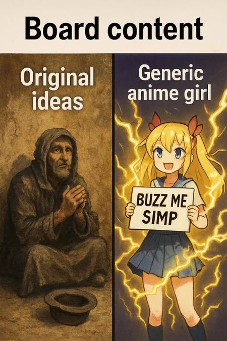 on the top of image text "Board content". Image split in two parts vertically. on the left half of image gritty painting of a beggar sitting on the ground against crumbling wall, he holds hands together begging for money, near his feet empty upside down hat, above him floating text "Original ideas". right half of image is generic anime girl emitting yellow lightning around her body holding sign with text "Buzz me, simp", above her floating text "Generic anime girl".