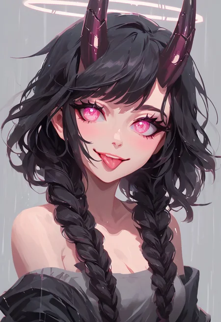 score_9, score_8_up, score_8, female, cel-shading, backlit, big eyes, cute eyes, delicate features, short hair, (braided hair), black hair, portrait, nsfw, smug, seductive eyes, horns, hologram halo, 0xYung, techwear, cyborg, cybernoir, heavy rain, rainrops, (((dark))), sexy, sensual glare, pink eyes, black sclera, tongue sticking out teasingly, big chest, lineless, flar color,