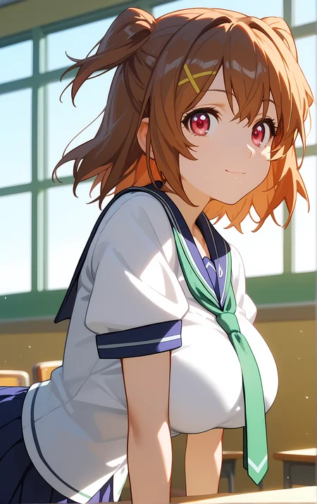 (score_9, score_8_up, score_7_up), 1girl, window, sunlight, classroom,
leaning forward, looking at viewer, closed mouth, light smile, tight clothes, close-up,
ohwx, 1girl, solo, breasts, brown_hair, large_breasts, short_hair, two_side_up, pink_eyes, red_eyes, school uniform,
<lora:kushiya_inaho_pony_ss:1>