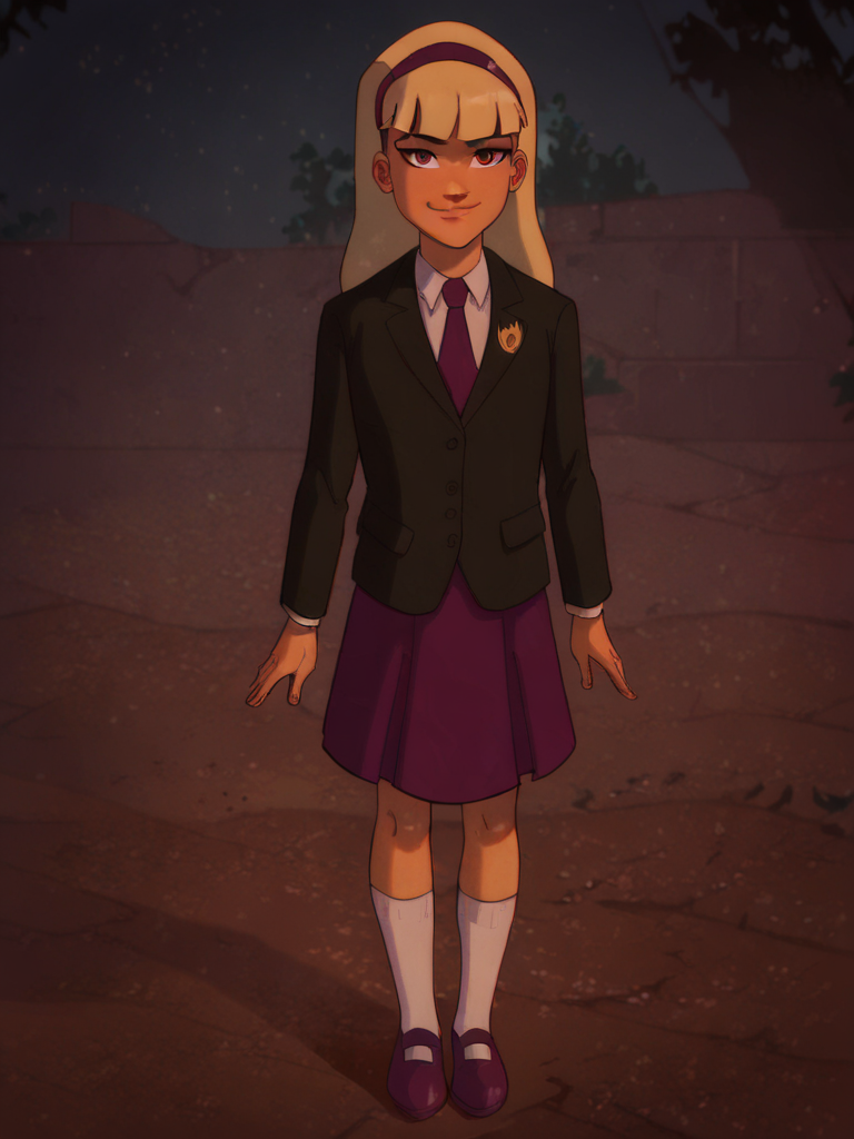 score_9, score_8_up, score_7_up, score_6_up, score_5_up,
DC__Young_Justice_Child, blond hair, red eyes, purple hairband, white shirt, black coat, red tie, insignia on coat, skirt, smug smile, socks, shoes
, 1girl, solo, facing viewer, small smile, full body
 <lora:mrsmiles:1> mrsmiles <lora:DC__Young_Justice_Child:0.9>
