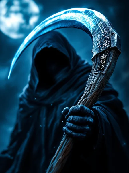 "A close-up of the Grim Reaper’s scythe, its long, curved blade gleaming under the cold light of the moon. The blade is engraved with ancient, unreadable runes that glow faintly in the night, and the wooden handle is weathered and cracked from centuries of use. Around the blade, the air shimmers with a faint mist, and a cold wind seems to swirl in the background, revealing the edges of the Reaper’s dark cloak. The colors are metallic silvers, cold blues, and deep blacks, with a haunting, ethereal quality, like a ghostly apparition in the dark."