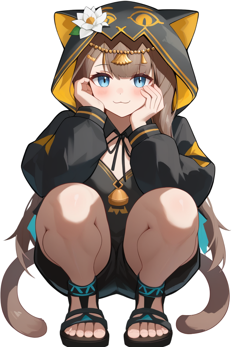 score_9,score_8_up,score_7_up,<lora:pepe_(arknights):1>,pepe_(arknights), hand_up, full_body, hand_on_own_cheek, blush, solo, hood_up, hair_flower, cat_hood, smile, black_jacket, toes, looking_at_viewer, white_flower, closed_mouth, neck_ribbon, 1girl, squatting, :3, cat_girl, puffy_long_sleeves, sandals, hooded_jacket, white_background, simple_background