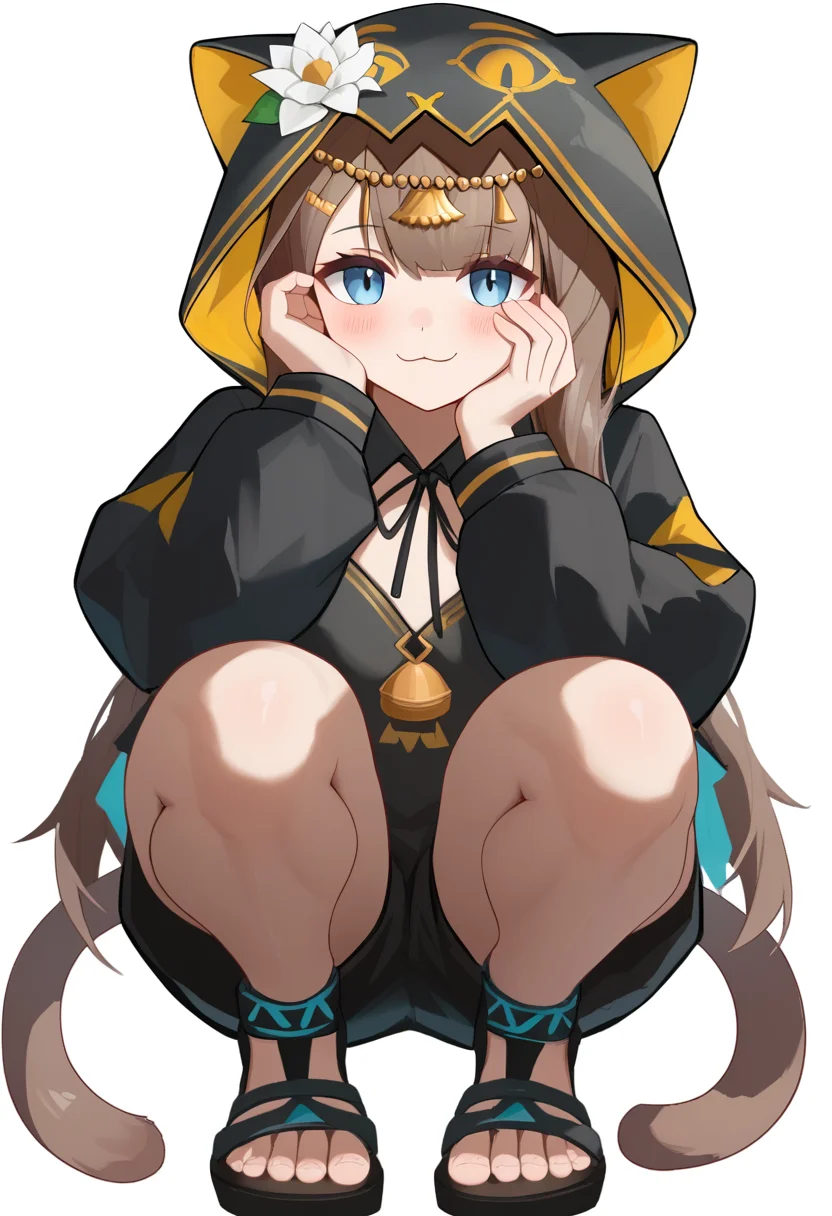 score_9,score_8_up,score_7_up,<lora:pepe_(arknights):1>,pepe_(arknights), hand_up, full_body, hand_on_own_cheek, blush, solo, hood_up, hair_flower, cat_hood, smile, black_jacket, toes, looking_at_viewer, white_flower, closed_mouth, neck_ribbon, 1girl, squatting, :3, cat_girl, puffy_long_sleeves, sandals, hooded_jacket, white_background, simple_background