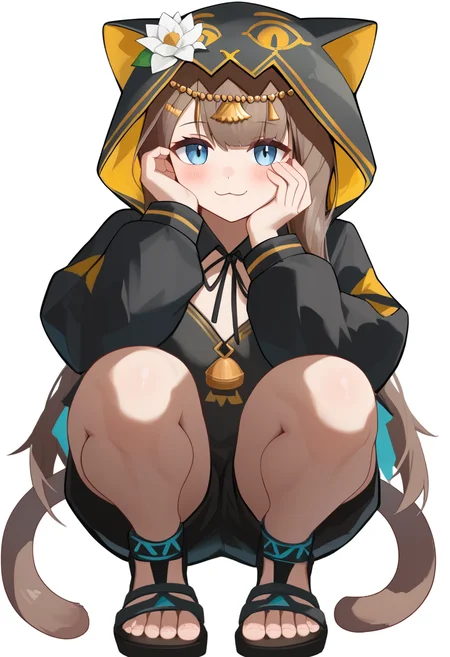 score_9,score_8_up,score_7_up,<lora:pepe_(arknights):1>,pepe_(arknights), hand_up, full_body, hand_on_own_cheek, blush, solo, hood_up, hair_flower, cat_hood, smile, black_jacket, toes, looking_at_viewer, white_flower, closed_mouth, neck_ribbon, 1girl, squatting, :3, cat_girl, puffy_long_sleeves, sandals, hooded_jacket, white_background, simple_background
