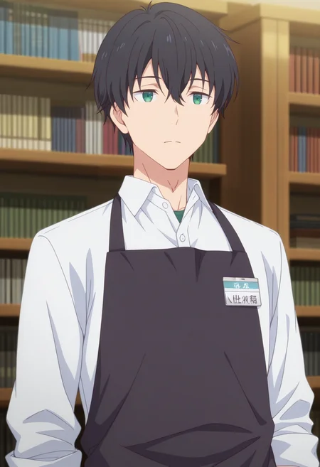 masterpiece, best quality, amazing quality,high resolution, intricate details,depth of field,anime screencap , , , 1boy, solo, male focus, <lora:Yuuta_Asamura:0.70>,yuuta asamura,black hair,green eyes,short hair,shirt, long sleeves, hair between eyes, closed mouth, white shirt, upper body, collared shirt, indoors, apron, expressionless, name tag, black apron, bookshelf