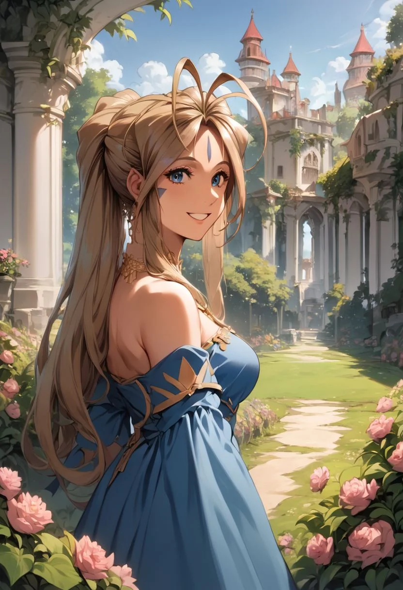 score_9, score_8_up, score_7_up, source_anime, Belldandy, smile, blue dress, jewelry, cowboy shot, garden, outdoors, mansion, flowers, sky, (high resolution), ((masterpiece)), (highest quality), 4k wallpaper, detailed face, detailed eyes, beautiful eyes, delicate features