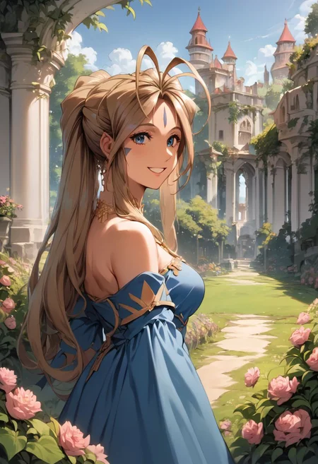 score_9, score_8_up, score_7_up, source_anime, Belldandy, smile, blue dress, jewelry, cowboy shot, garden, outdoors, mansion, flowers, sky, (high resolution), ((masterpiece)), (highest quality), 4k wallpaper, detailed face, detailed eyes, beautiful eyes, delicate features