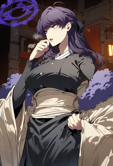 score_9, score_8_up, score_7_up, score_6_up, source_anime, rating_explicit, 1girl, solo, huge breasts, <lora:Anastasia Zelenskyponyxl:1> long hair, purple hair, purple eyes, ahoge, hair ribbon, black ribbon, sidelocks, purple fur trim, fur-trimmed coat, black dress, sash, wide sleeves, long sleeves, black pants, serious, open mouth, Narrow shoulders, heavy breathing, steaming body, dungeon, indoors, looking ahead, standing, half updo, hand up, magic circle, close-up