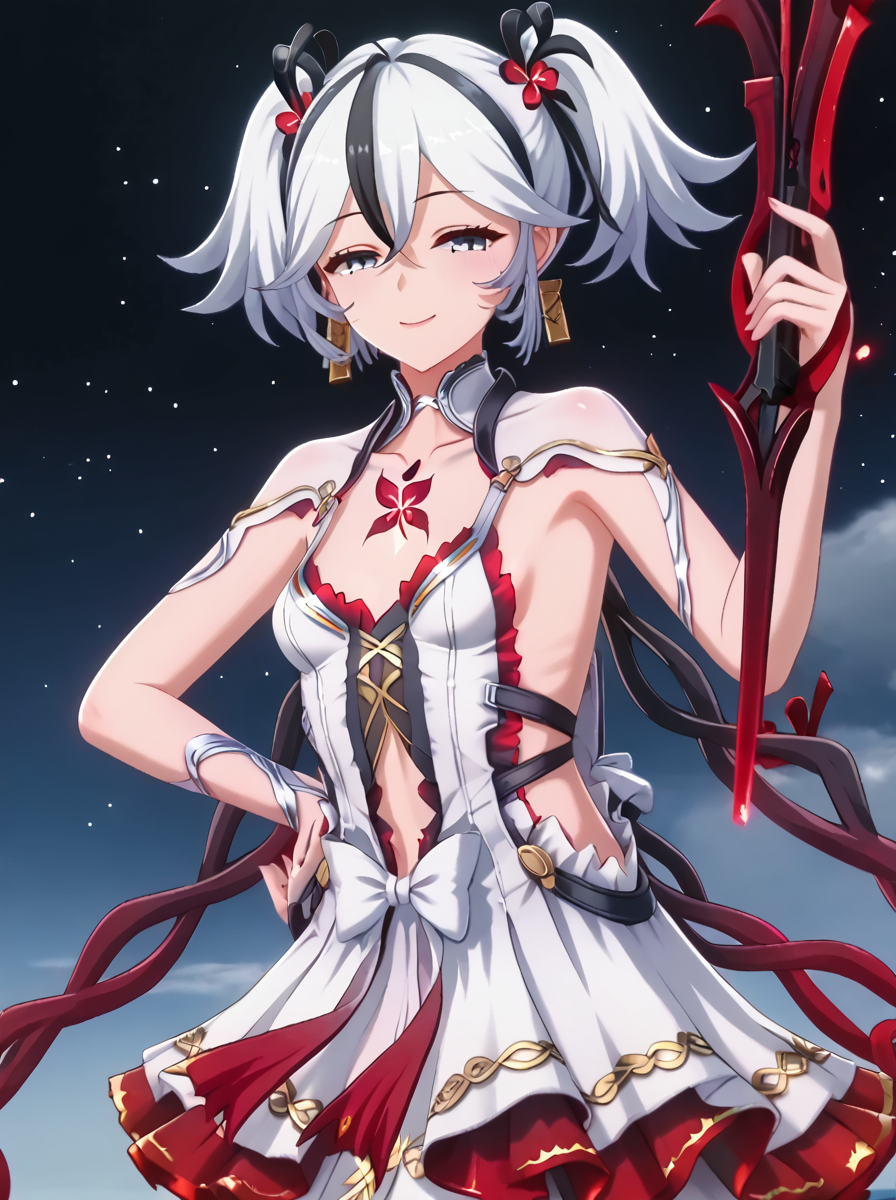 detailed background, shiny skin, rating safe,
<lora:camellya.pony:1.0>,
camellya, 
half-closed eyes, smirk, 
holding weapon,