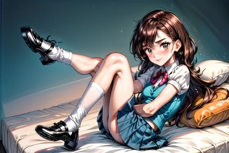 <lora:Giselle_Pokemon-07:0.8>, 1girl, solo, long hair, looking at viewer, smile, bangs, skirt, simple background, brown hair, shirt, brown eyes, school uniform, full body, white shirt, short sleeves, pleated skirt, shoes, socks, puffy sleeves, miniskirt, black footwear, vest, puffy short sleeves, blue skirt, kneehighs, white socks, black background, mary janes, blue vest, Happy, Lying on Back, sweat, solo focus, lying, armpits, on back, outstretched arms, spread arms, pillow, arm grab, bed, sleeveless,