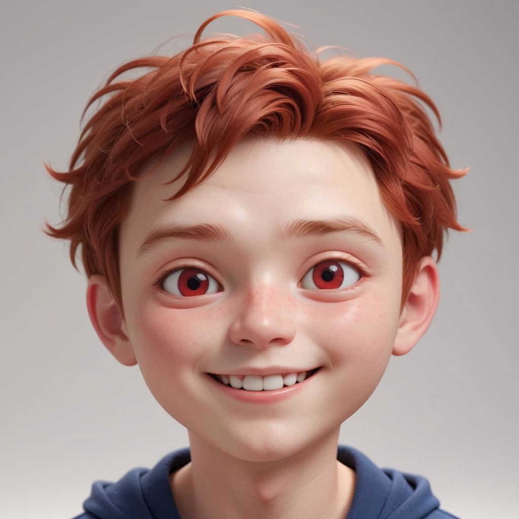 Portrait of a ruddy young man, red faced, flushed cheeks, chibi, super deformed, 20yo, smiling, doll-like, Photorealistic simple volumetric light background, ColorART, CGI,