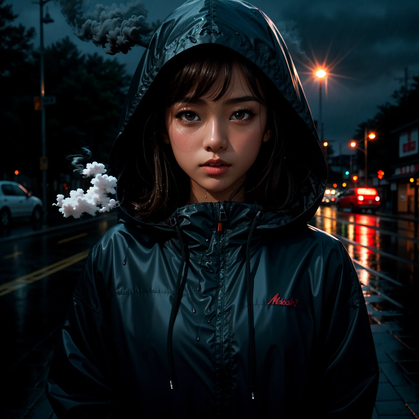 masterpiece, best quality, 1girl, japanese, brown hair, parted bangs, medium hair, brown eyes, parted lips, hooded jacket, unbuttoned, rain, wet, cold, blowing smoke,
<lora:skin_tone_slider_v1:1.5> <lora:eye_size_slider_v1:0> <lora:detailSliderALT2:0.5>, <lora:age_slider_v6:-1.8> , blue hour, twilight, ISO12000 , <lora:GoodHands-vanilla:1>