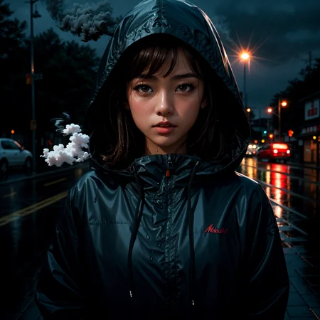 masterpiece, best quality, 1girl, japanese, brown hair, parted bangs, medium hair, brown eyes, parted lips, hooded jacket, unbuttoned, rain, wet, cold, blowing smoke,
<lora:skin_tone_slider_v1:1.5> <lora:eye_size_slider_v1:0> <lora:detailSliderALT2:0.5>, <lora:age_slider_v6:-1.8> , blue hour, twilight, ISO12000 , <lora:GoodHands-vanilla:1>