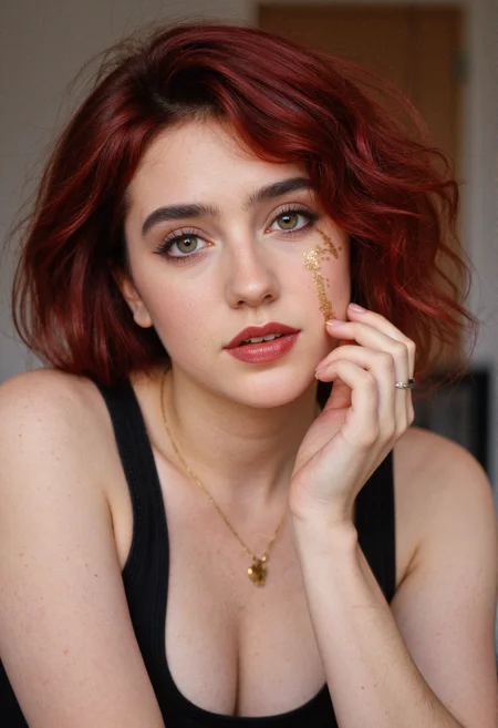 A woman with red curly hair and dark eye makeup with a gold glitter trail extending down her left cheek and red eyes looks directly at the viewer, her right hand is raised with her fingers near her chin and a silver ring on her ring finger, while her left hand rests on her right forearm, also with polished nails, she has dark lipstick, and a gold necklace is visible on her chest, a tattoo is visible on her left arm, she is wearing a dark top.