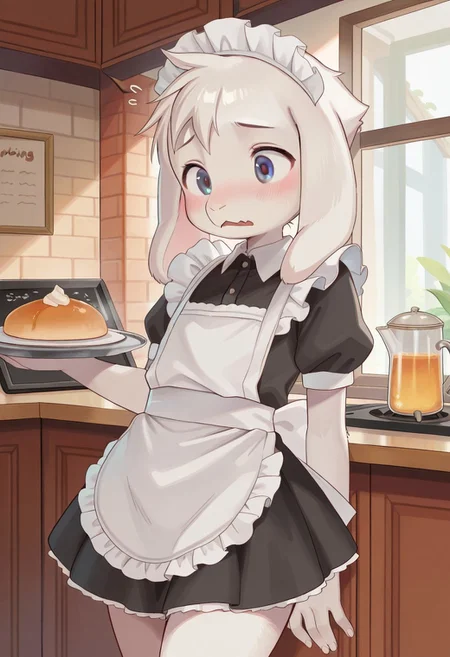 solo, 1boy, asriel_undertale, furry, furry male, animal ears, BREAK maid oufit, black dress, miniskirt, small apron, maid headwear, BREAK indoors, maid cafe, beautiful, portrait, working, embarrased, blush, BREAK ((ultra-detailed)), ((best quality)), ((beautiful eyes)), ((extremely detailed)), 4K, (8K), best quality, (beautiful), Master piece, highres, best quality, official art, highres, masterpiece, detailed background, high quality background,