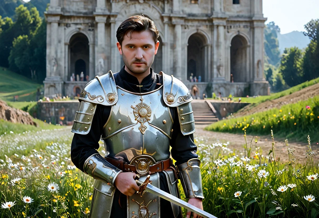 Wide view, Realistic cinematic scene. Ancient Rome culture, Green grassland flowers field natural background. The Roman Empire General in action, in center of the chaotic battlefield, holding sword and shied, wearing intricate Rome detail armor. Golden Ancient runes and cybernectic line decorate, Grimmdark. (Ultra-realistic, 32k, Masterpiece, High Quality, Detailed Realistic Background, Official Art, Realistic Lighting, filmfotos, film grain, reversal film photography).