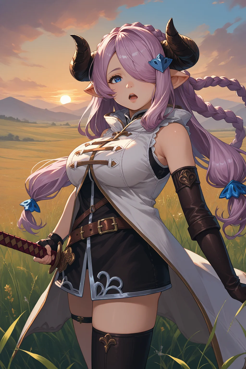 score_9, score_8_up, score_7_up, score_6_up, source_anime, 1girl, solo <lora:narmaya-pdxl-nvwls-v1-000005:1> defNmya, horns, pointy ears, braid, lavender hair, long hair, blue eyes, hair over one eye, hair ornament, tangzhuang, sleeveless, black skirt, belt, elbow gloves, asymmetrical gloves, fingerless gloves, single thighhigh, black thighhighs, huge breasts, furrowed brow, open mouth, sword, from side, looking at you, field, sunset