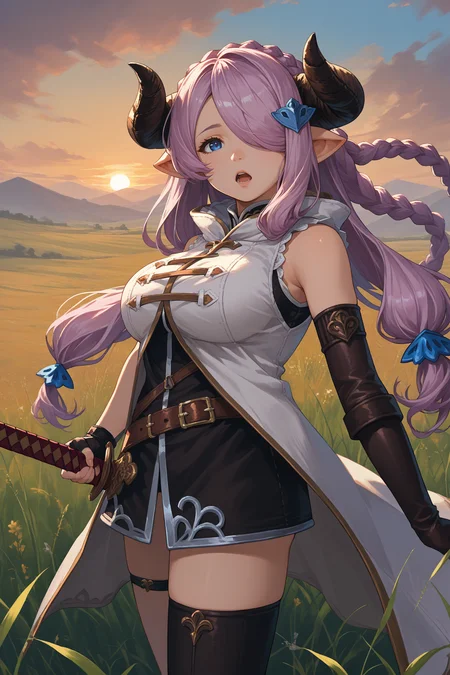 score_9, score_8_up, score_7_up, score_6_up, source_anime, 1girl, solo <lora:narmaya-pdxl-nvwls-v1-000005:1> defNmya, horns, pointy ears, braid, lavender hair, long hair, blue eyes, hair over one eye, hair ornament, tangzhuang, sleeveless, black skirt, belt, elbow gloves, asymmetrical gloves, fingerless gloves, single thighhigh, black thighhighs, huge breasts, furrowed brow, open mouth, sword, from side, looking at you, field, sunset