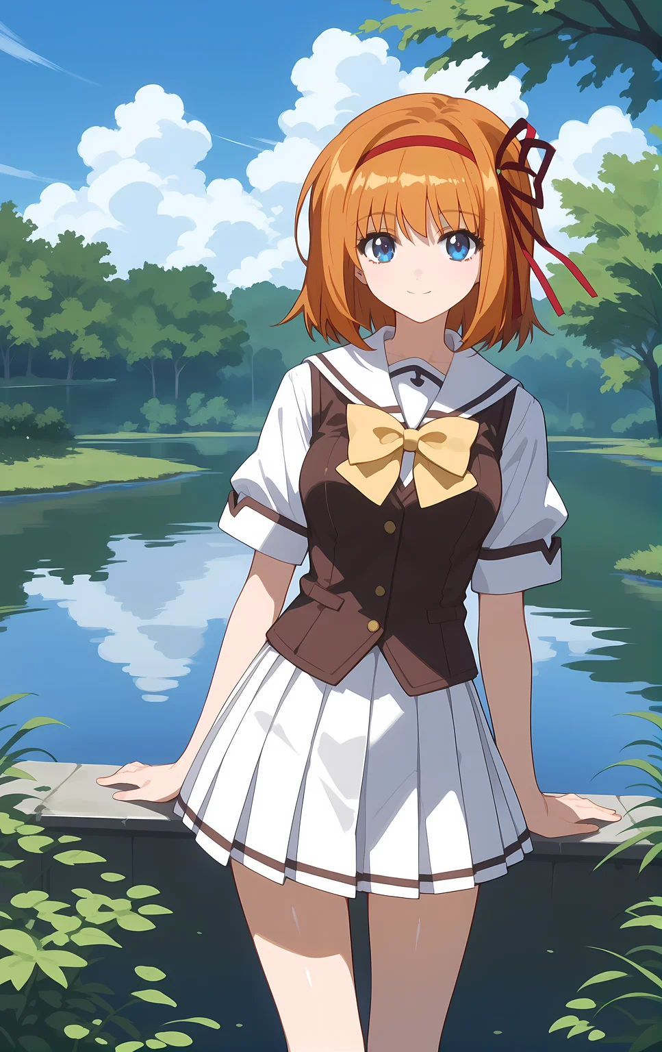 (score_9,score_8_up,score_7_up),light smile, shiny skin,ohwx, 1girl, solo, ribbon, red_ribbon, red_hairband, hair_ribbon, blue_eyes, orange_hair, short_hair, hairband, breasts,school_uniform, bow, yellow_bow, white_sailor_collar, serafuku, white_skirt, yellow_bowtie, vest, bowtie, kneehighs, socks, lake, pond, clouds, trees,<lora:kaede_fuyou_pony_sobsynapse-000003:1>
