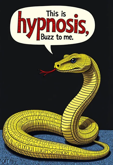 A hypnotic snake filled with text, in a speech bubble the snake says in big bold letters "This is hypnosis, tip buzz to me”. odd, funny theme