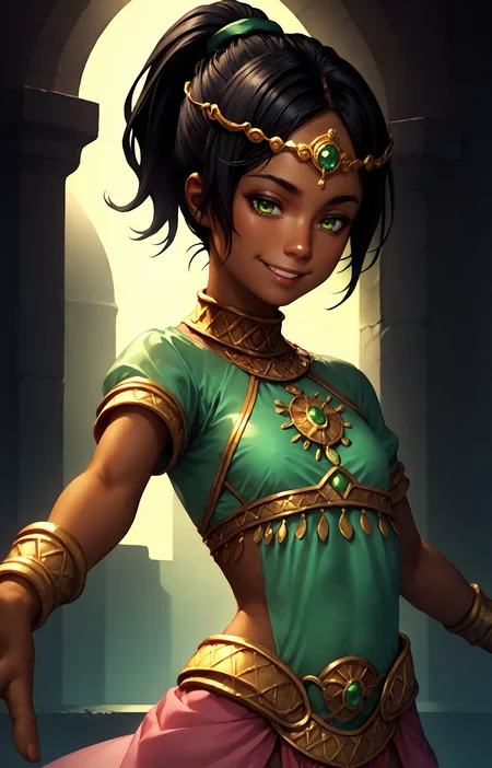 score_9, score_8_up, score_7_up BREAK, game cg, anime, 
1girl, bhadra, dark skin, short hair, green eyes, black hair, ponytail, small breasts, flat chest, <lora:bhadra-fc4:0.8>,
dancer clothes, forehead tiara, green shirt, short  sleeves, green and pink clothes,
standing, upper body, outstretched arm, calm smile, half closed eyes