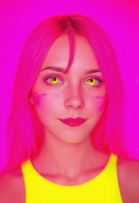 anime portrait, girl glowing under layered neon lights, soft colors on cheeks, background blur, Canon 85mm, eyes catching red, pink, and yellow hues, soft focus, magical glow, (neon red, neon pink, neon yellow:1.3)