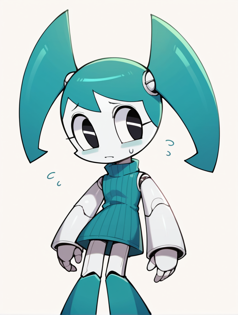score_9, score_8_up, score_7_up, score_6_up, score_5_up, score_4_up, source_anime, BREAK
(1girl, solo:1.2), simple background, <lora:XJ-9:0.8> xj9, robot girl, black eyes, aqua hair, sweaterdress, turtleneck, ribbed sweater, oversized sweater,