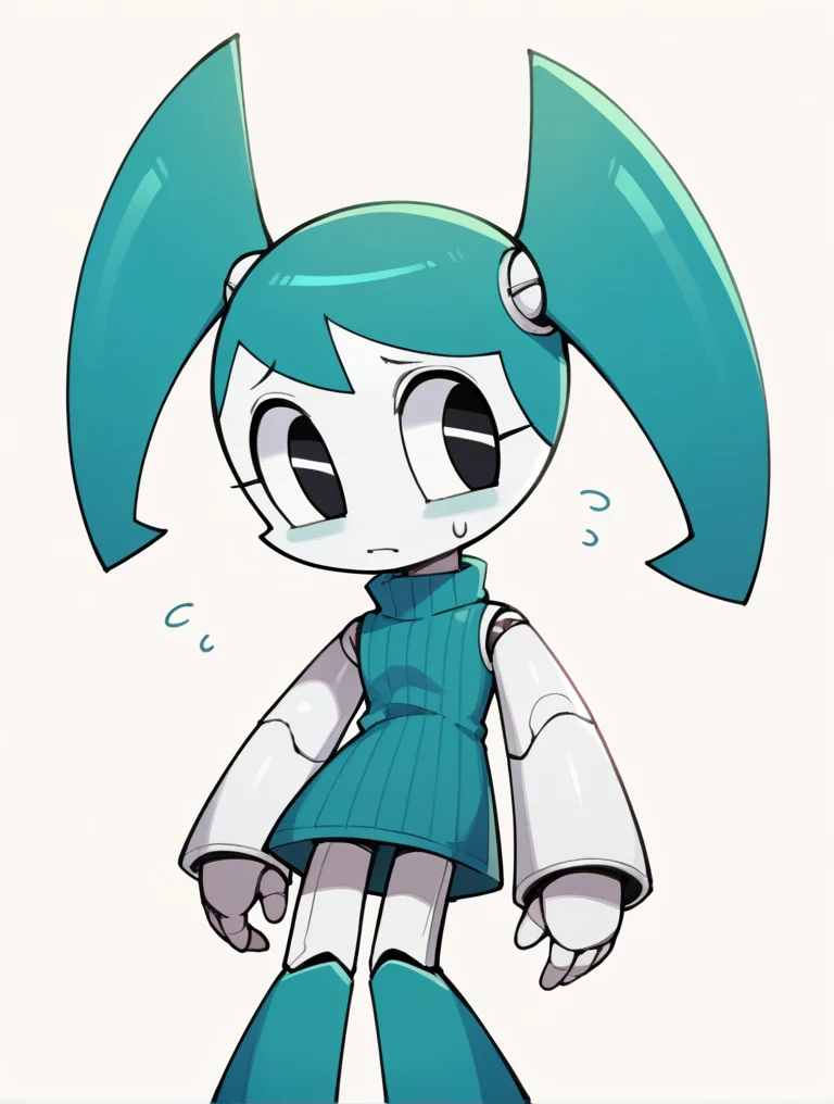 score_9, score_8_up, score_7_up, score_6_up, score_5_up, score_4_up, source_anime, BREAK
(1girl, solo:1.2), simple background, <lora:XJ-9:0.8> xj9, robot girl, black eyes, aqua hair, sweaterdress, turtleneck, ribbed sweater, oversized sweater,