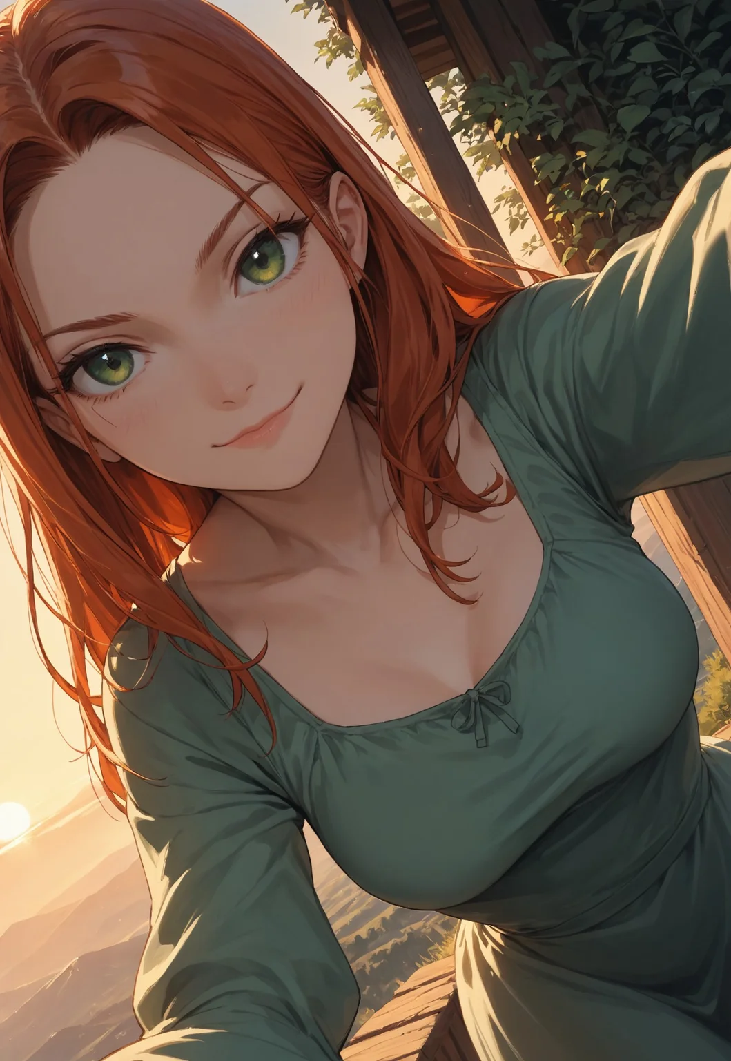 safe_pos, (score_9, score_8_up, score_7_up), zPDXL3, (drawn, wide hips:1.3),1girl, solo, medium breasts, redhead, 
green eyes, long hair, green dress, from above, sunset, dynamic lighting, sundress, sleeves,
(outdoors, mountains, river:0.8),  (face focus, close-up:1.7),
looking at viewer,
(dutch angle, from side, leaning on railguard, standing, leaning onto object:1.2),
smug, confident smile,