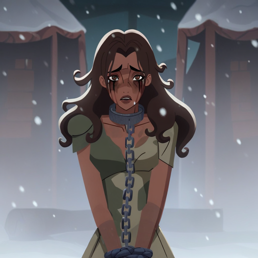 score_9, score_8_up, score_7_up, source_anime, expressive, anime, (THYR4T0tG:1.2), Artist speedlines, dynamic, 1girl, dark-skinned female, dark skin, blush stickers, long hair, brown hair, lips, brown eyes, chain, collar, restrained, rope, torn clothes, dress dirty, sad, averting eyes, runny makeup, standing, shy, blush, sensual, looking at viewer, source hentai, outdoors, snow, snowing