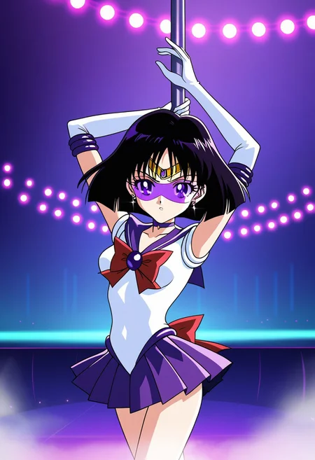 masterpiece, best quality, amazing quality, very aesthetic, Sailor Saturn, 1girl, bob cut, tiara, earrings, sailor senshi uniform, purple eyes, purple choker, purple sailor collar, red bowtie, white shirt, elbow gloves, white gloves, pleated skirt, purple miniskirt, neon, cyberpunk, tinted eyewear, glowstick, rave, lights, fog, dancing, arms up,