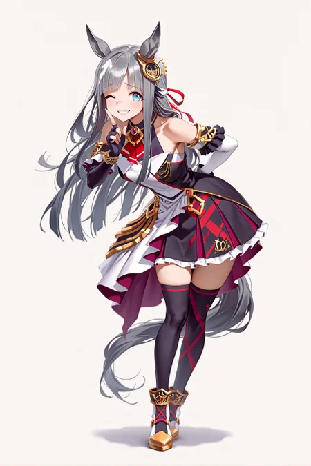 1girl, solo, chrono genesis \(umamusume\), horse girl,
fingerless gloves, detached sleeves, white sleeves, black sleeves, black skirt, layered dress, asymmetrical sleeves, thighhighs, boots,
smirk, one eye closed, raised inner eyebrows,
standing, legs together, index finger raised, contrapposto, arm behind back, reaching, leaning forward,
full body,
white background, looking at viewer,
<lora:chronogenesisillv2:0.9>,
masterpiece, best quality, amazing quality, very aesthetic, absurdres, highres, newest, <lora:xl_saturation_slider:0.1>, <lora:illustriousXLv01_stabilizer_v1.164:0.4>, <lora:reduce_wrinkles_illstriouosv0.1_ADDifT_2_in_1_v1.2:0.9>,