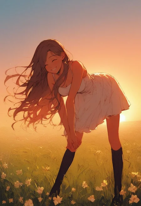 , , curvy body,
1girl, high socks, slim sundress, rosy cheeks, blond long hair, in the gras field, smiling, sunrise, natural lighting, bent over smelling flowers,
score_ 9, score_8_up, score_7_up, Style,