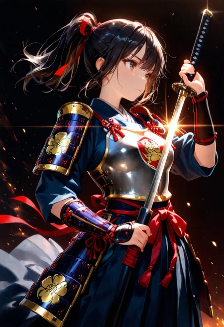 1girl, solo, brown eyes, black hair, medium breasts, ponytail, red ribbon, 
japanese armor,breastplate, family crest print, holding katana,diffraction spikes,glowing,
dark background, dynamic pose,
safe,masterpiece,amazing quality,best quality, <lora:holographiccolor:0.7> <lora:spo_sdxl_10ep_4k-data_lora_webui_482964:1>